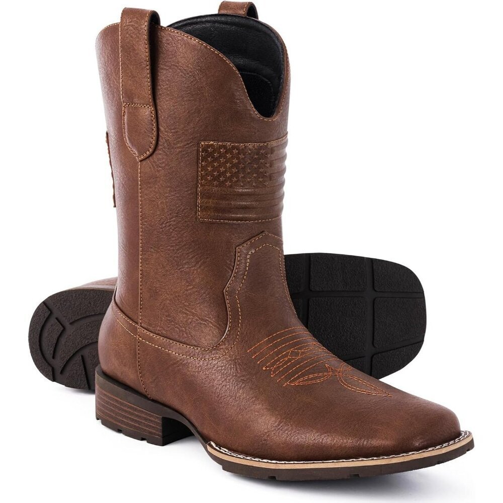 Men's Brown Square Toe Western Cowgirl Boots With Flag Faux Leather Booties
